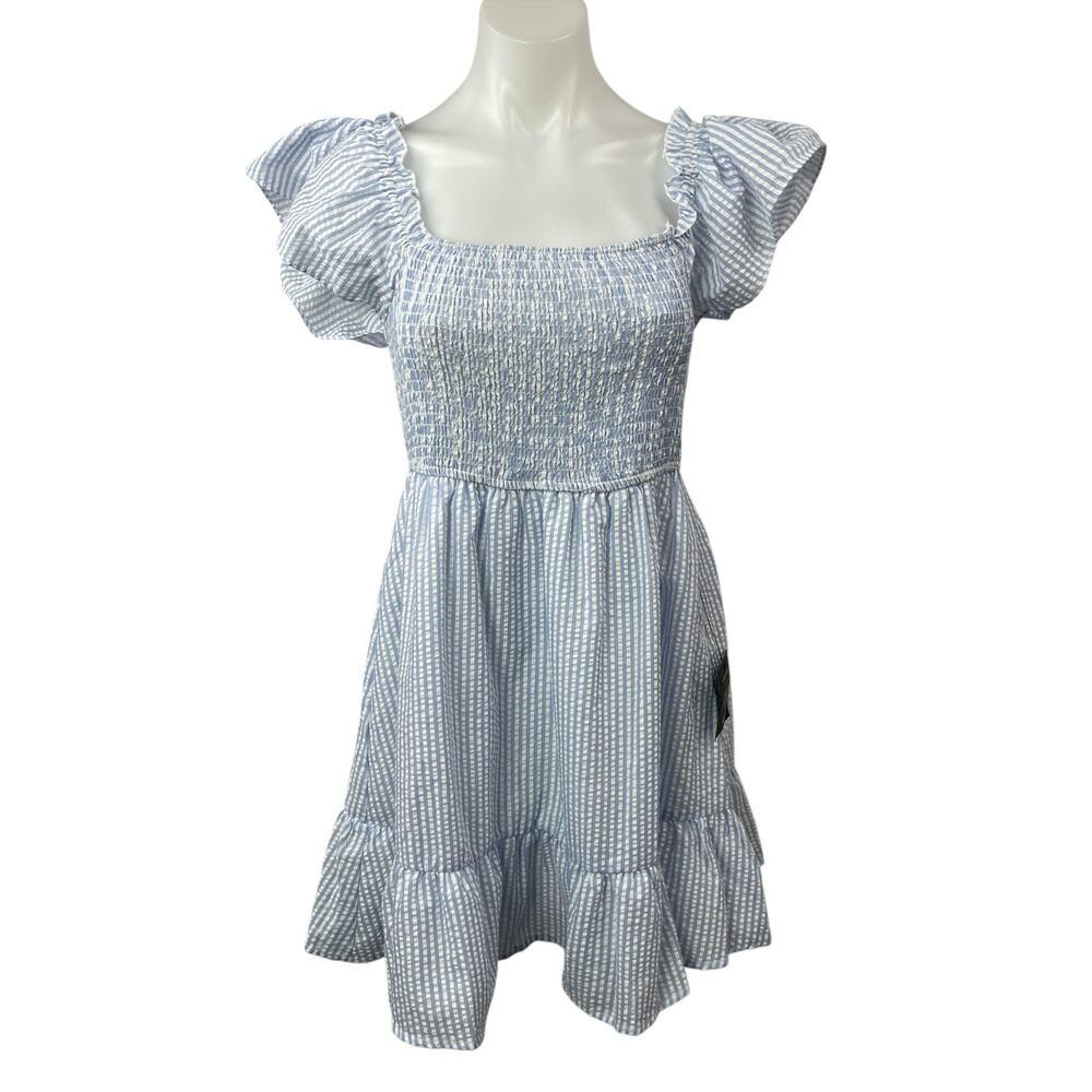 NWT Lulus Seer Delight Blue Striped Smocked Ruffled Mini Dress